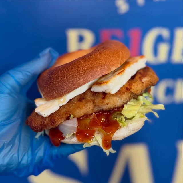 The Sunset sandwich photographed in front of the Beigel Bar branding
