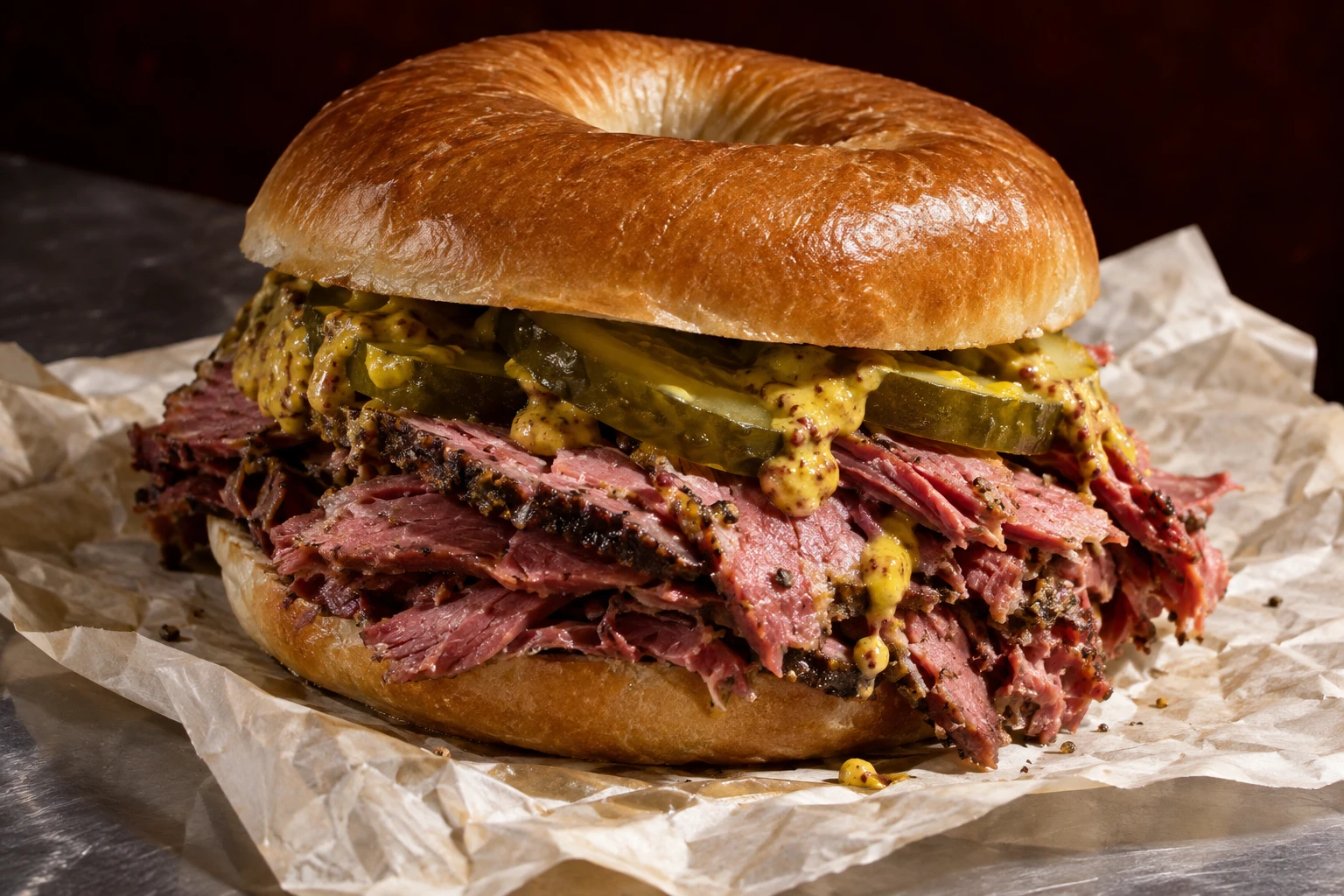 Salt beef, mustard and sliced pickles piled into a golden beigel on deli paper